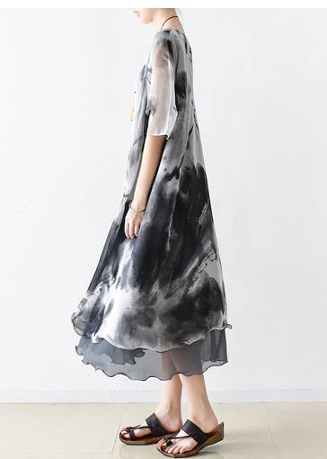 Italian Gray Print Chiffon Clothes for Ideas O Neck Pockets Summer Dress
