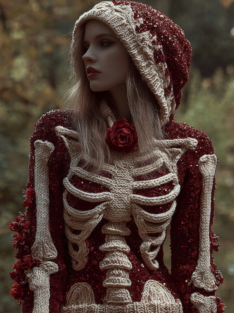 Comstylish Women's Halloween Skeleton Rose Art Hoodie Sweater