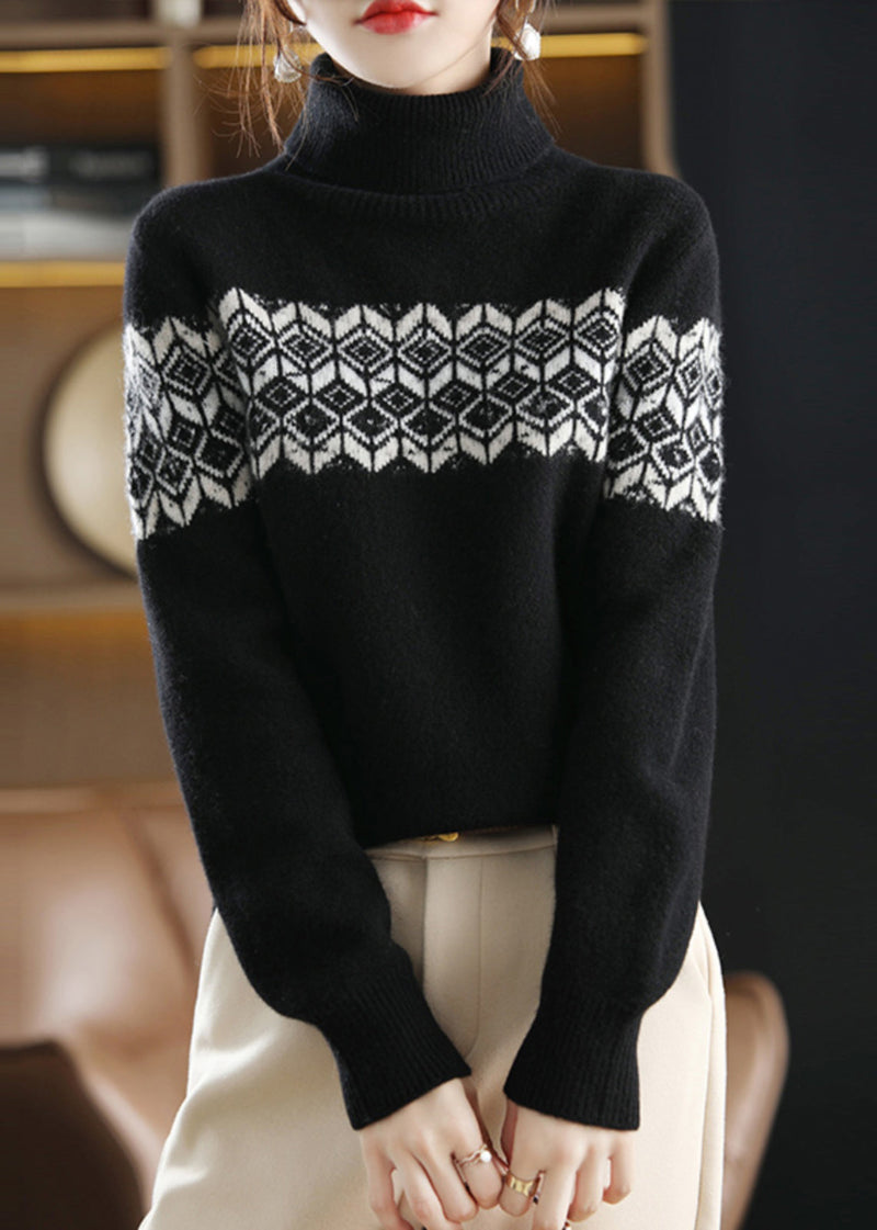 Black Turtleneck Cotton Knit Top Long Sleeve
