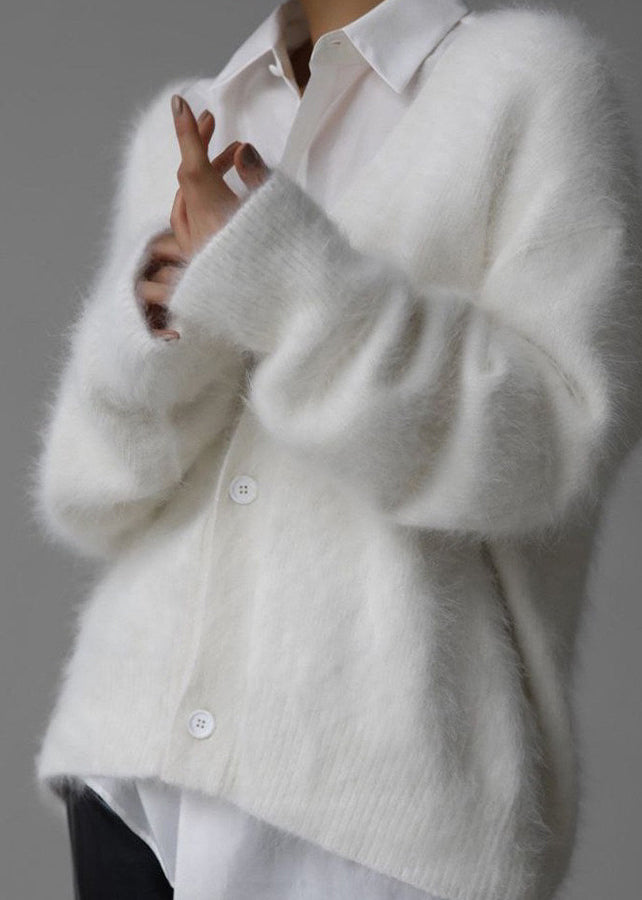 White V Neck Mink Hair Knitted Cardigan Fall