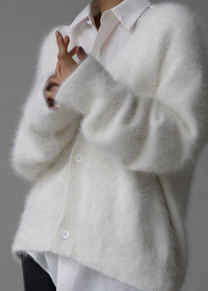 White V Neck Mink Hair Knitted Cardigan Fall