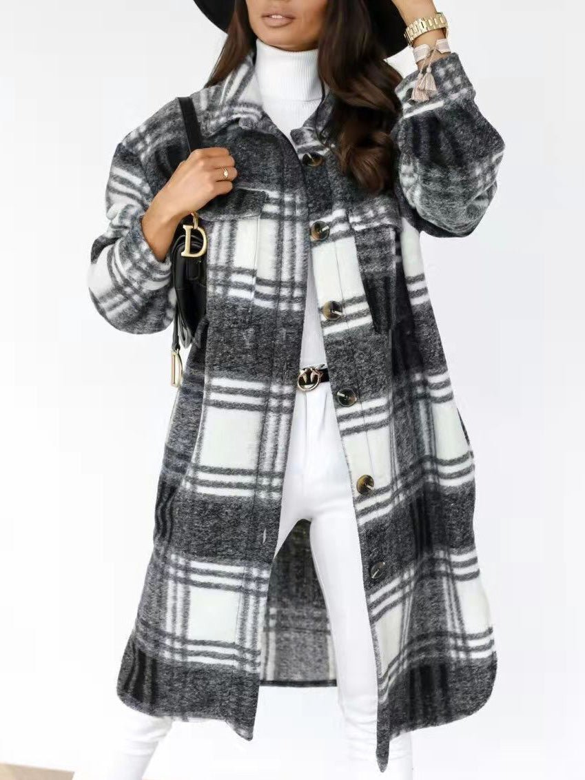 Coats Single Breasted Plaid Brushed Mid Length Wool Coat