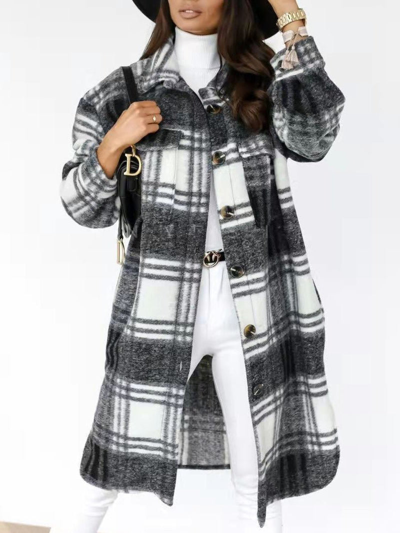 Coats Single Breasted Plaid Brushed Mid Length Wool Coat