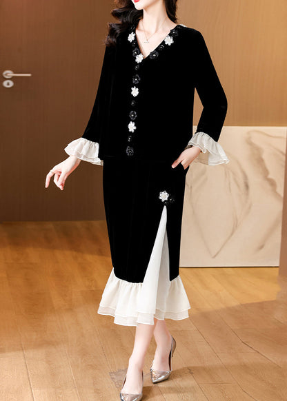 Black V Neck Patchwork Tops and Skirts Silk Velvet Two Pieces Set Butterfly Sleeve