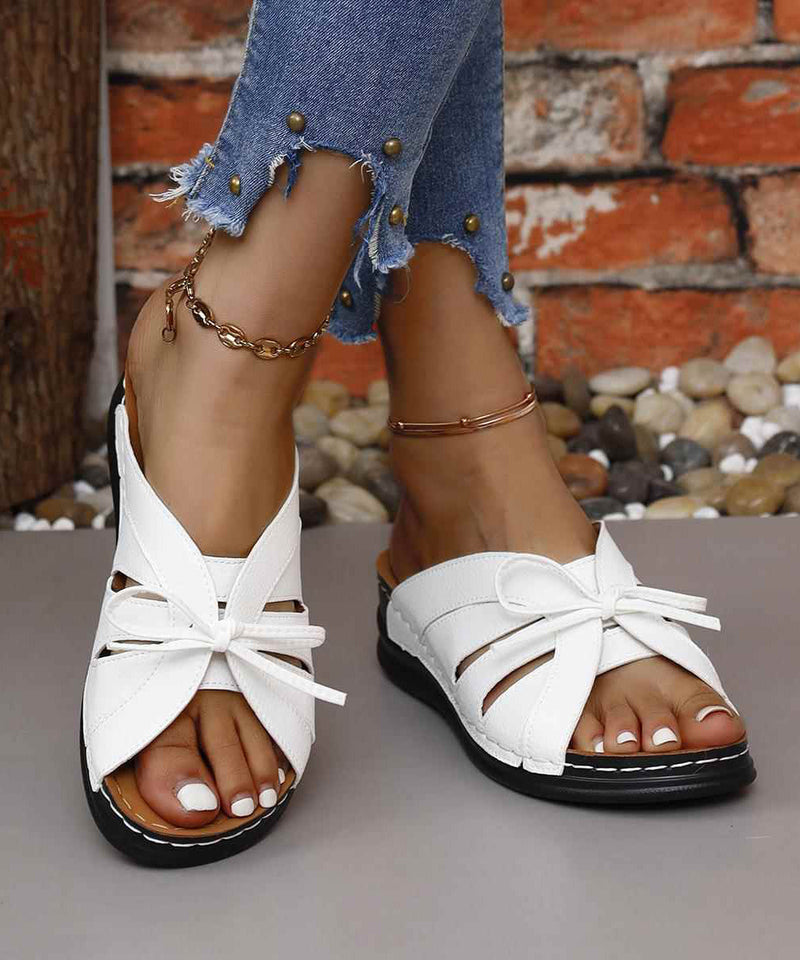 Splicing Wedge White Faux Leather Slide Sandals