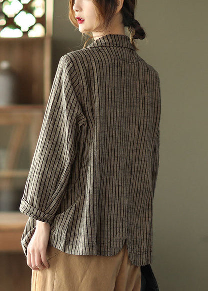 Light Button Pockets V Neck Striped Coats Long Sleeve