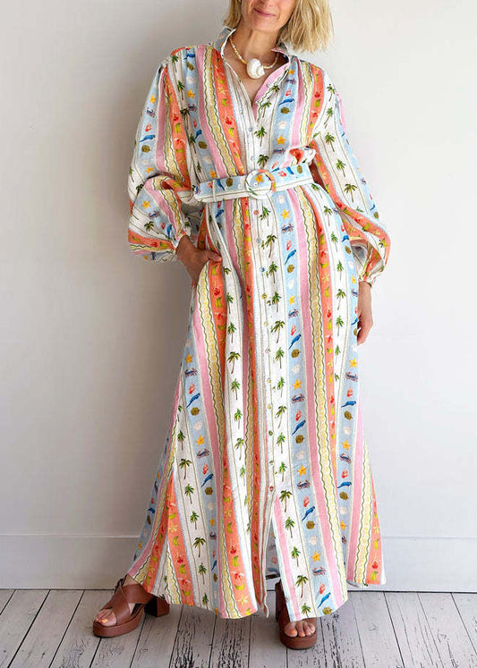 Peter Pan Collar Print Sashes Cotton Dress Long Sleeve