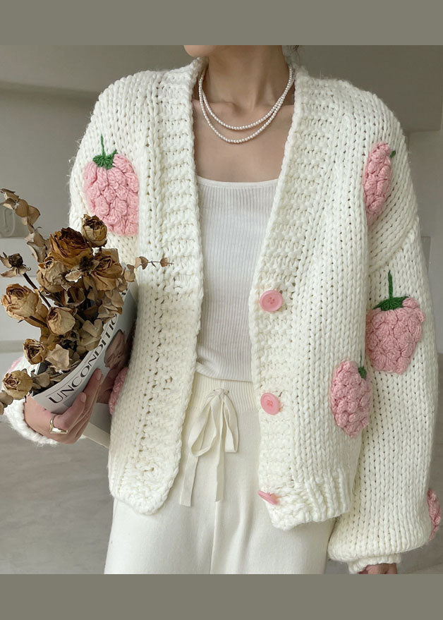 White V Neck Button Knit Sweater Winter Coat
