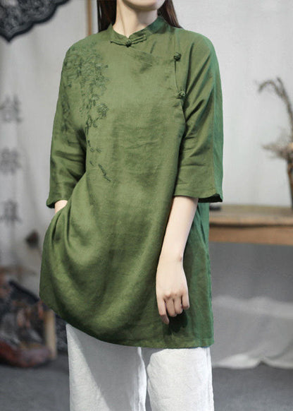 Green Stand Collar Embroidered Linen Tops Half Sleeve
