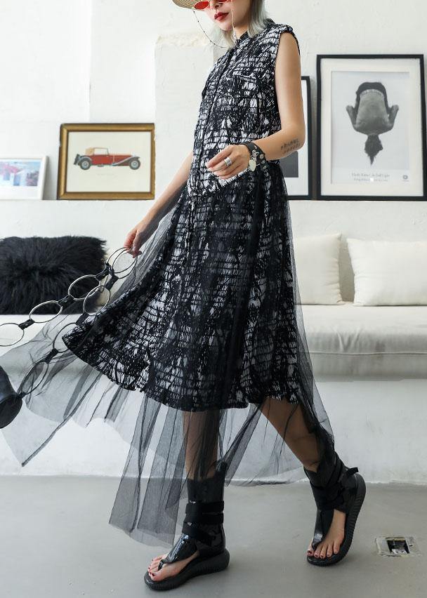 Black Prints Cotton Tunic Sleeveless Maxi Summer Dresses