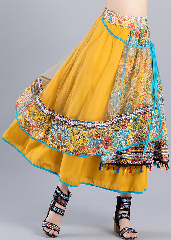 Yellow Print Lace Up Tulle Patchwork Skirt Summer