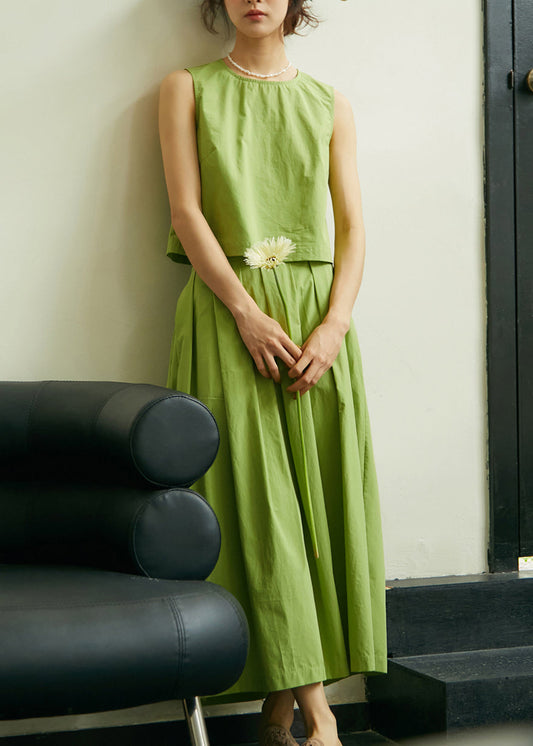 Art Green O-neck Cotton Top and Pleated Skirt Two Pieces Set Sleeveless