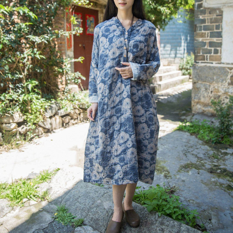 Cotton Linen Loose Fitting Dress Red / Blue