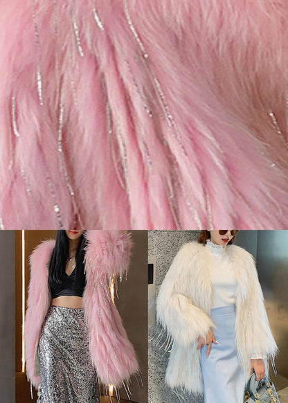 White Faux Fur Collar Tassel Leather and Fur Long Coats Winter