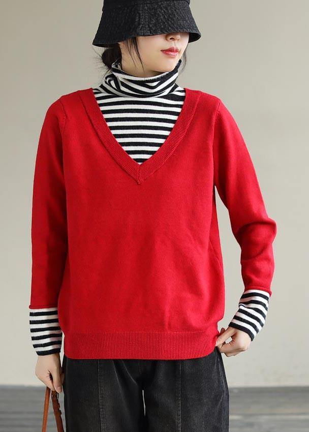 Cozy Red Sweaters Patchwork High Neck Blouse