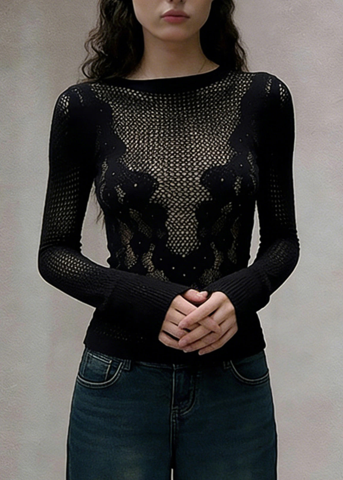 Slim Fit Black Hollow Out Knitting Cotton T Shirt Spring