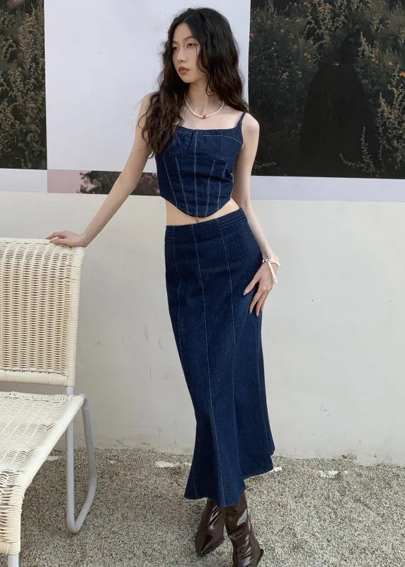 Navy Slim Fit Patchwork Denim Tops and Skirts Two Pieces Set Summer