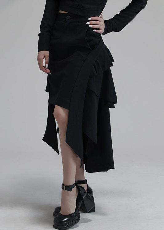 Black Asymmetrical Pockets High Waist Cotton Skirts Spring