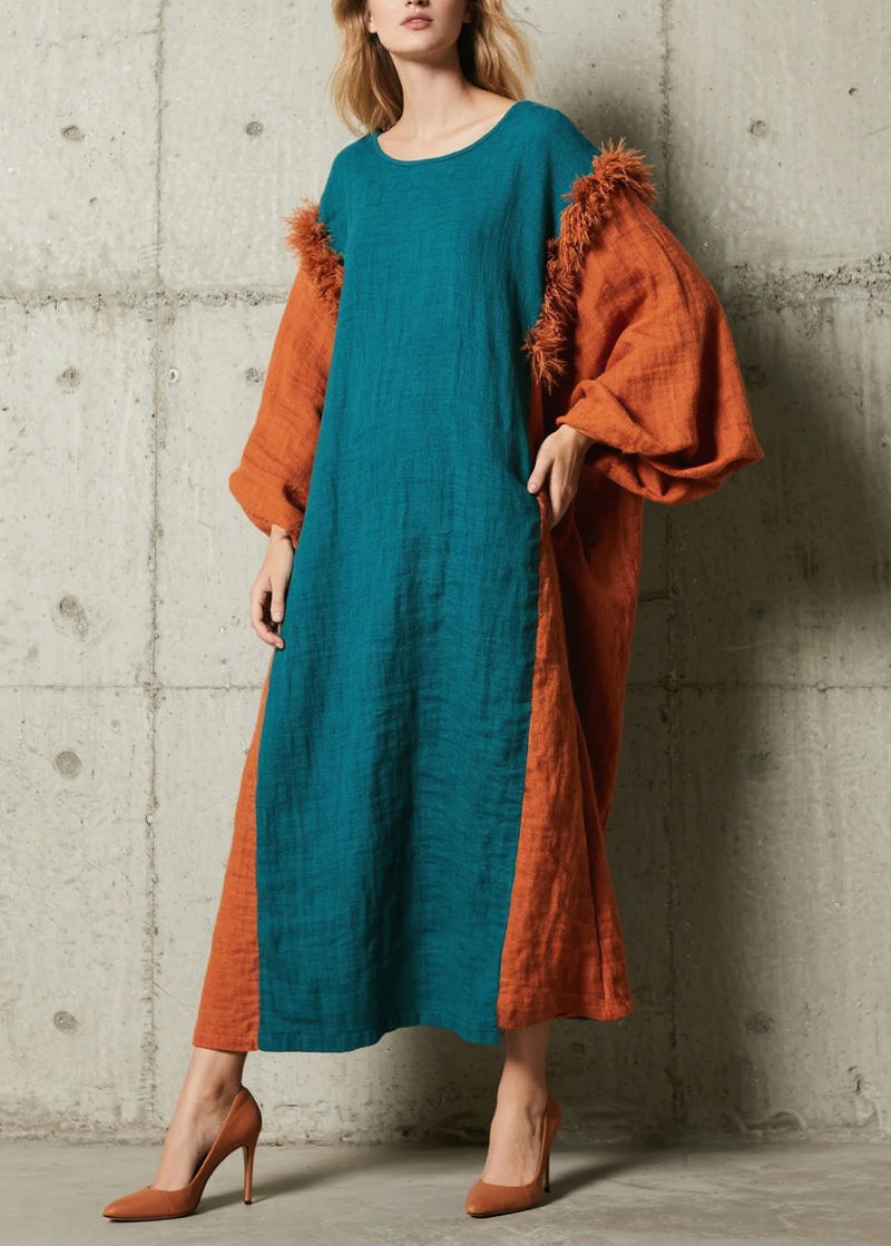 Peacock Blue Oversized Patchwork Faux Fur Holiday Dresses Fall