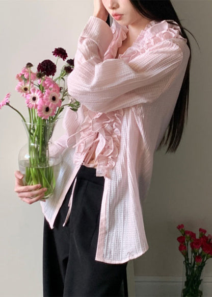 Pink V Neck Patchwork Shirt Fall