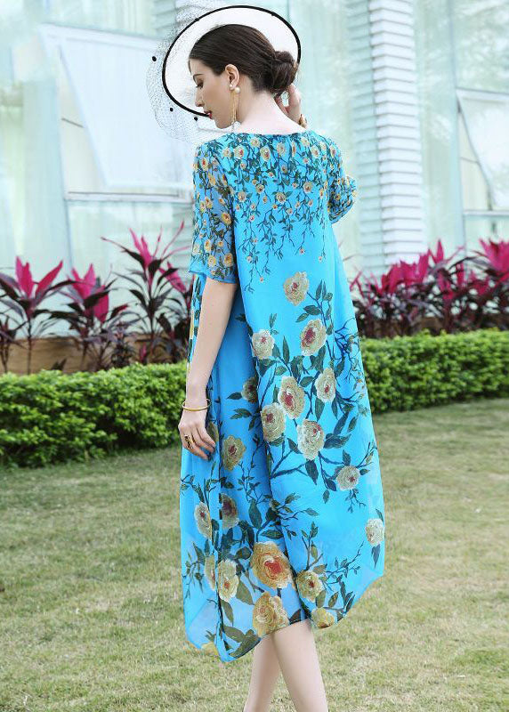 Blue O-neck Print Silk Vacation Dress Summer