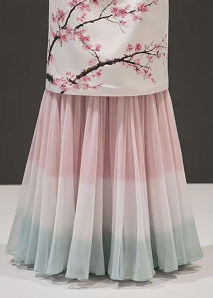 Pink Print False Two Pieces Chiffon Patchwork Skirts Summer