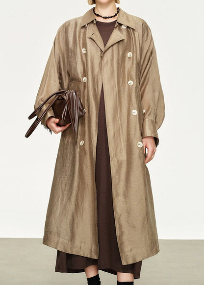Loose Champagne Gold Peter Pan Collar Double Breast Linen Silk Long Trench Coat Fall
