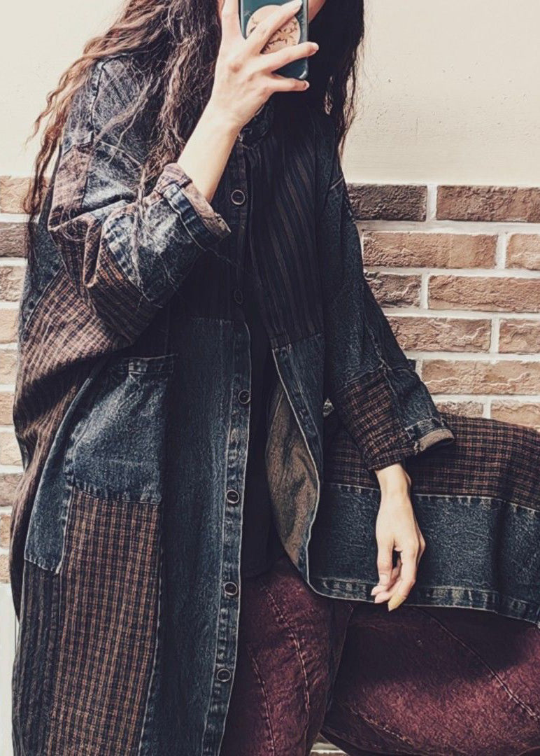 Colorblock Button Pockets Denim Patchwork Coat Fall