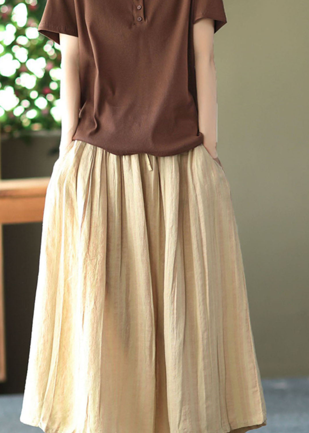 Khaki Drawstring Pockets Linen a Line Skirts Summer