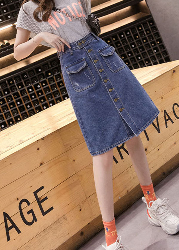 Simple Blue Pocket Button Cotton Denim Wraped Skirt Cozy