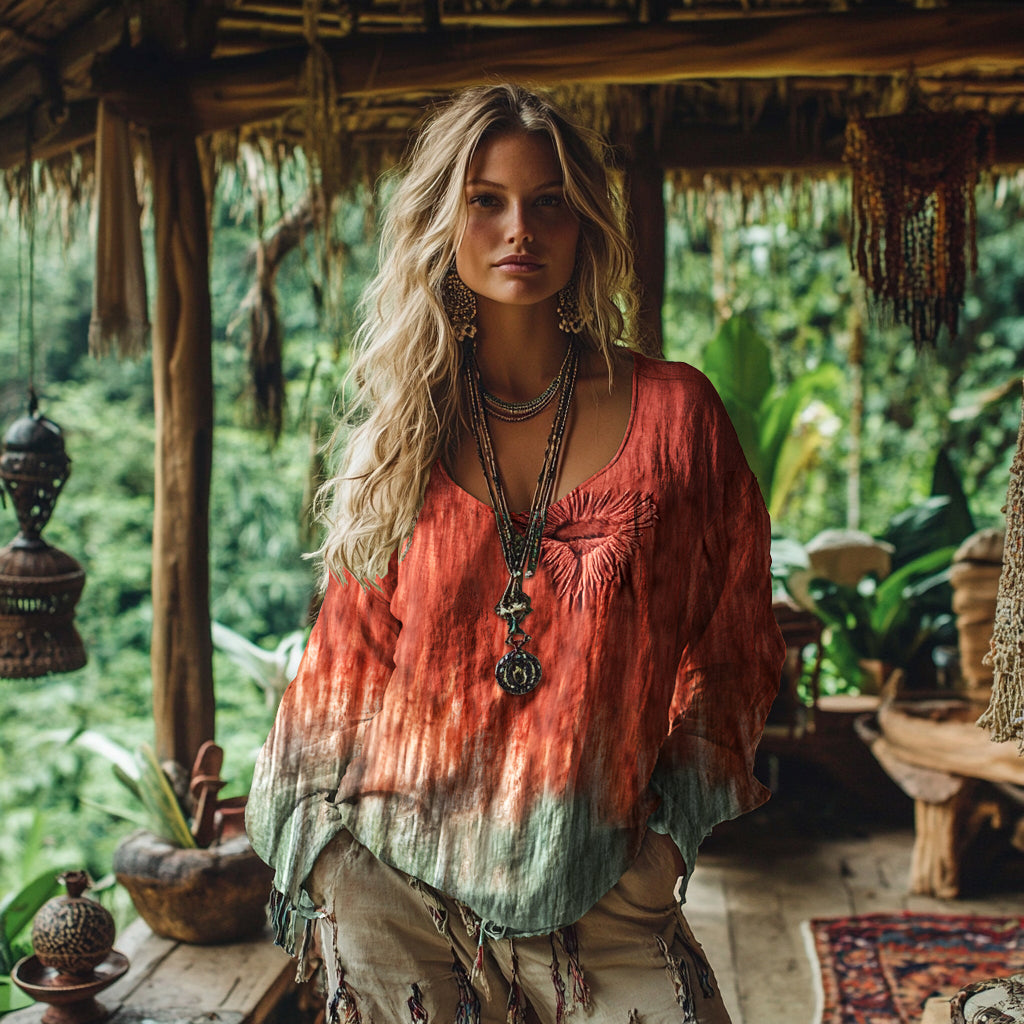 Vintage Boho Bohemian Gradient Linen Shirt elevenforest