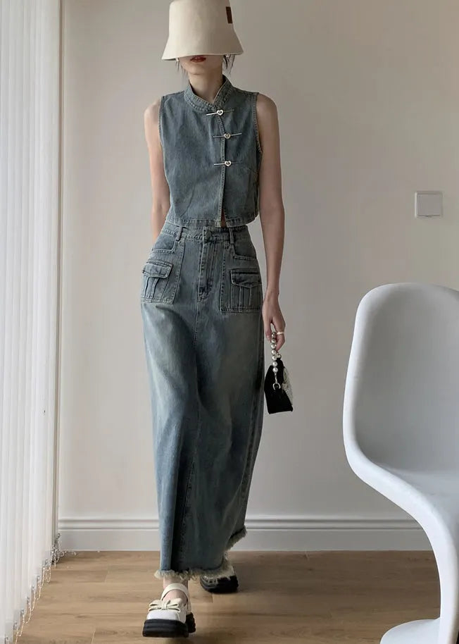 Boutique Blue Stand Collar Tops and Skirts Denim Two Pieces Set Sleeveless