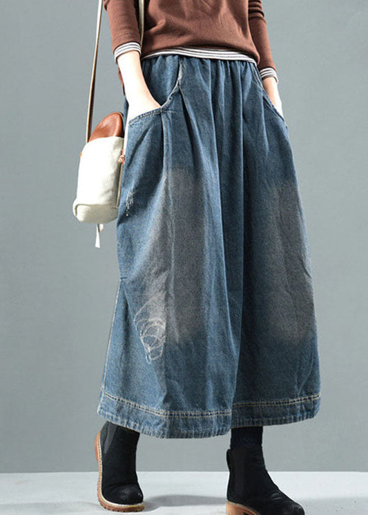 Blue Elastic Waist Pockets Patchwork Fall Denim Skirt