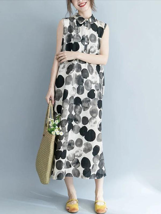 Black Dotted Cotton Quilting Clothes Turn-down Collar Sleeveless Dresses