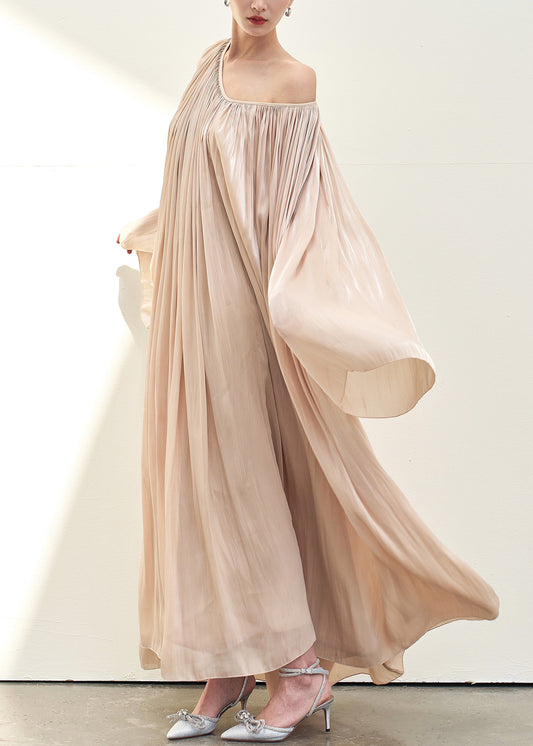 Pink V Neck Wrinkled Silk Maxi Dresses Fall