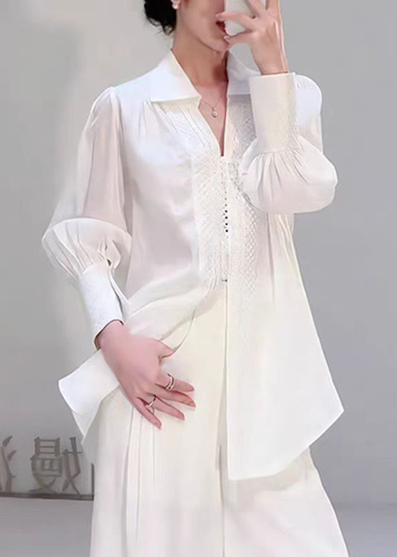 White Peter Pan Collar Jacquard Cotton Shirts Top Fall