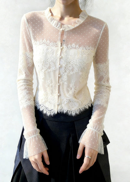 White Ruffled Button Patchwork Lace Blouse Flare Sleeve
