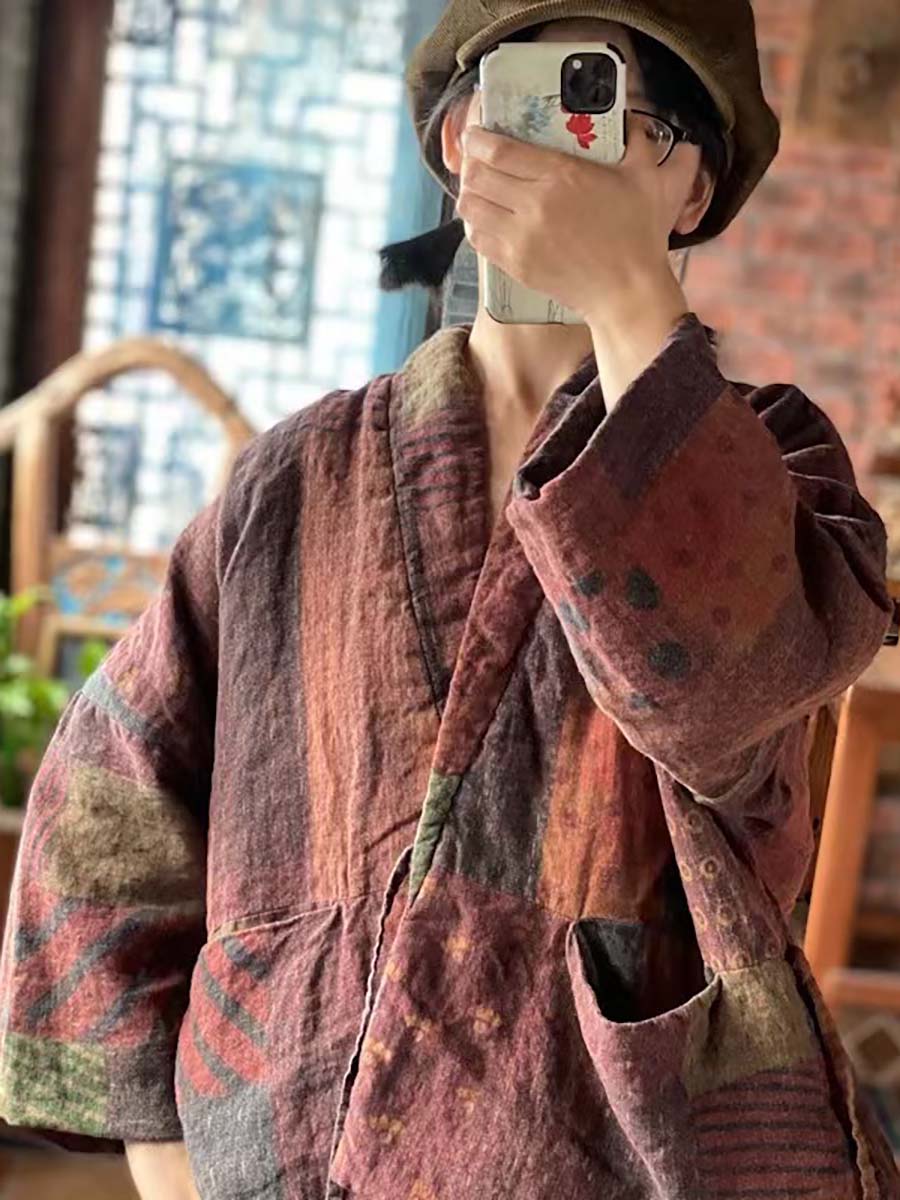 Winter Print Drawstring Linen Cotton Coat