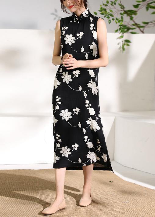 Black Print Cotton Clothes Stand Collar Side Open Cotton Robes Dresses