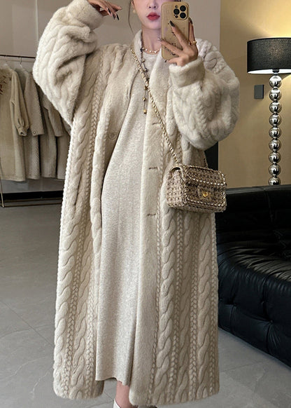 Beige V Neck Button Mink Hair Leather and Fur Long Coats Winter