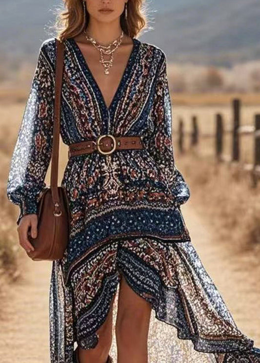 Navy Print Low High Design Vacation Long Dresses Lantern Sleeve