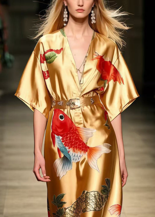 Golden Koi Fish Print Silk Tunic Dress Summer