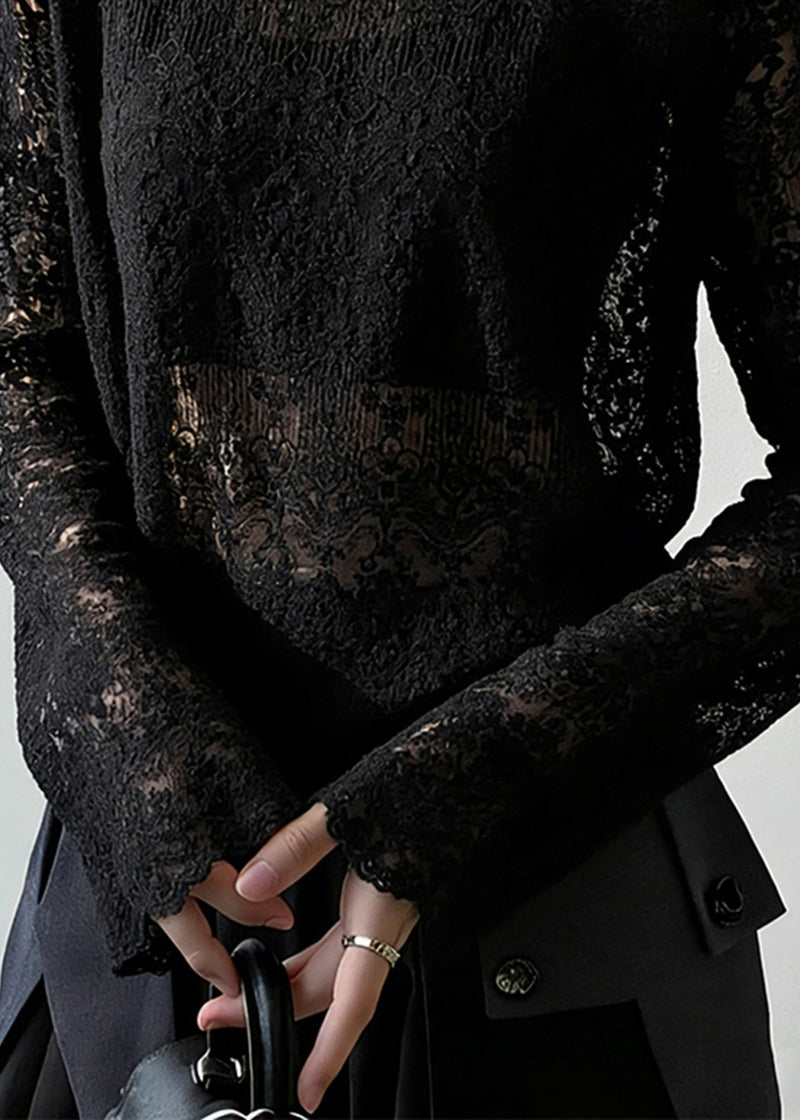 Black Jacquard Hollow Out Lace Top Spring