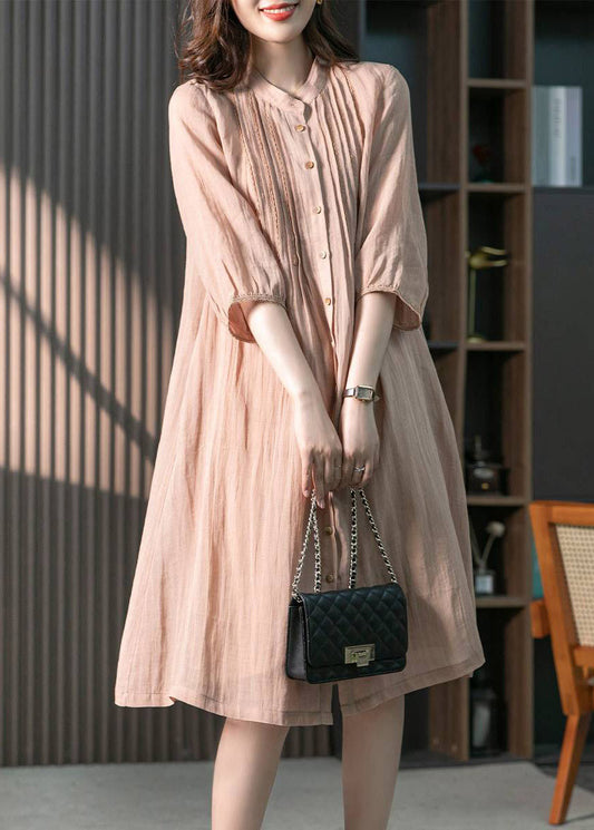 Pink Stand Collar Button Wrinkled Linen Dress Half Sleeve