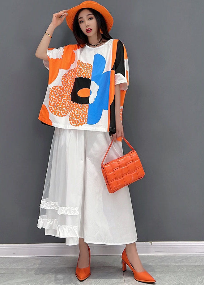 French Orange Print Tulle Patchwork Cotton Tanks and a Line Skirts Two Pieces Set Summer