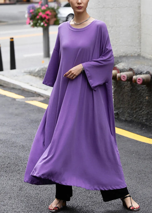 Purple O-neck Cotton Maxi Dress Long Sleeve