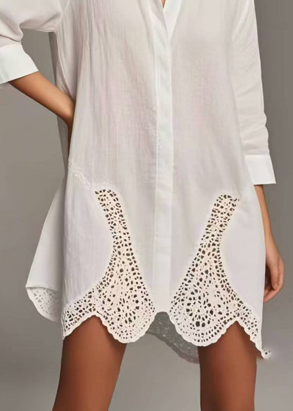 Simple White Peter Pan Collar Patchwork Lace Long Shirts Spring
