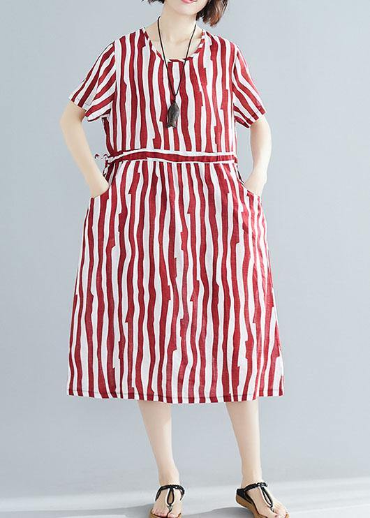 Handmade Red Striped Clothes O Neck Drawstring Art Summer Dress