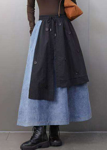 Loose Black Pockets Patchwork Deim a Line Skirts Spring