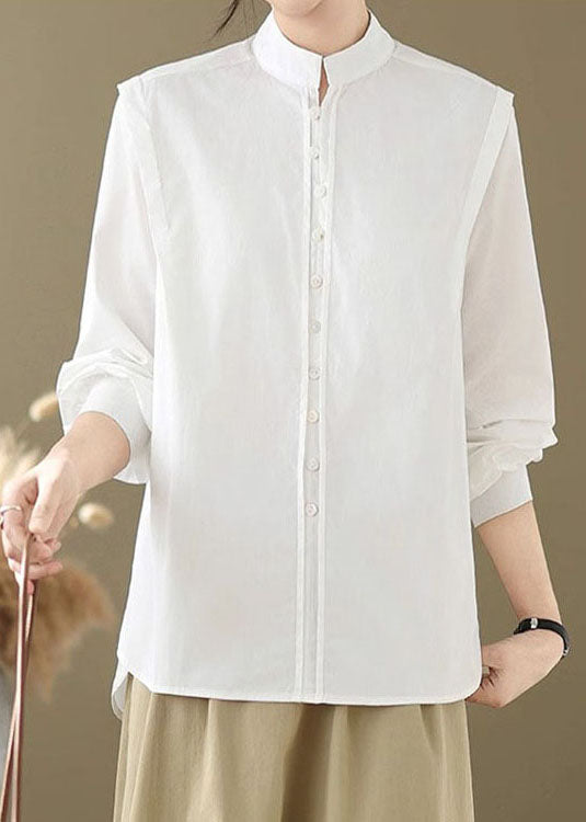Simple White Stand Collar Button Cotton Shirts Spring